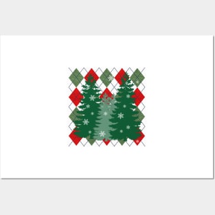 Christmas Gifts, Winter Red & Green Diagonal Plaid Print with Pine Trees and Snowflakes Graphic Design, Bedding, Apparel and other gifts Posters and Art